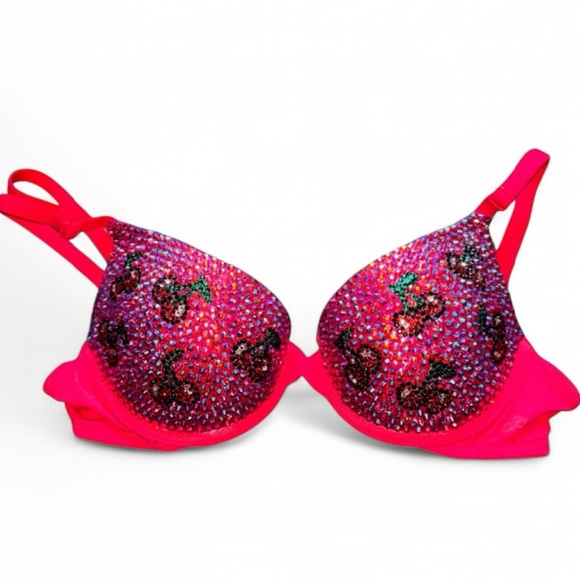 Cherry Design Dark Siam AB Red & Green Rhinestone Glam Bling Bra Top All Sizes - Picture 4 of 12